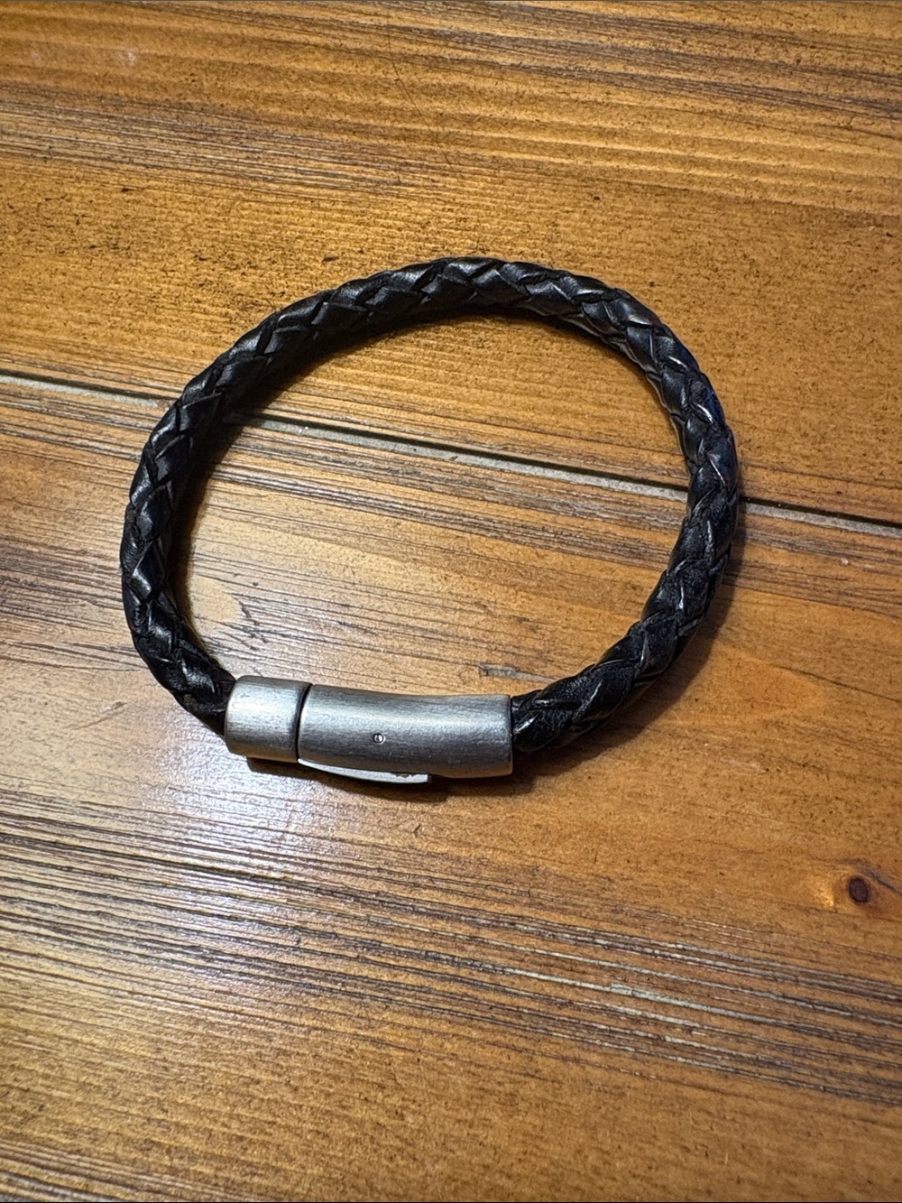 Men's Black Braided Leather Bracelet with Silver Clasp